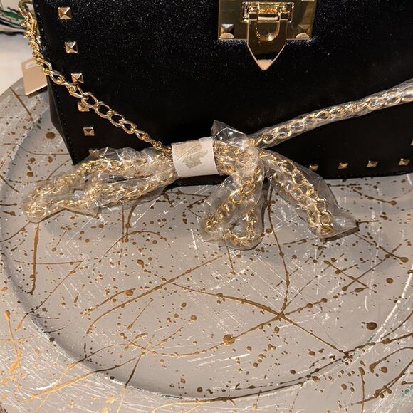 Hanna Grace Black Gold Hardware Studded Chain Strap Small Crossbody Purse - Picture 3 of 6